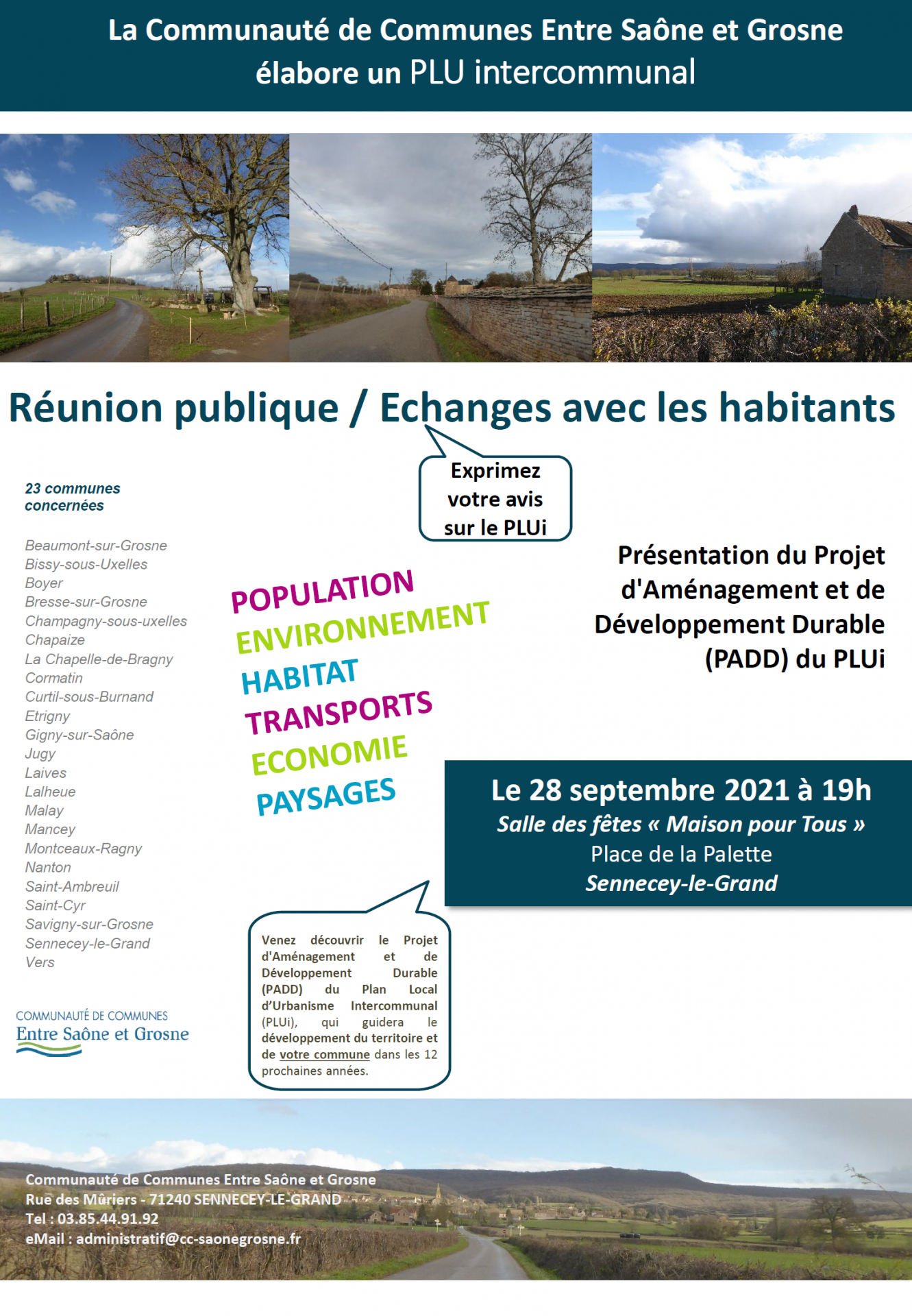 Affiche reunion publique PADD PLUi CC Entre Saône et Grosne